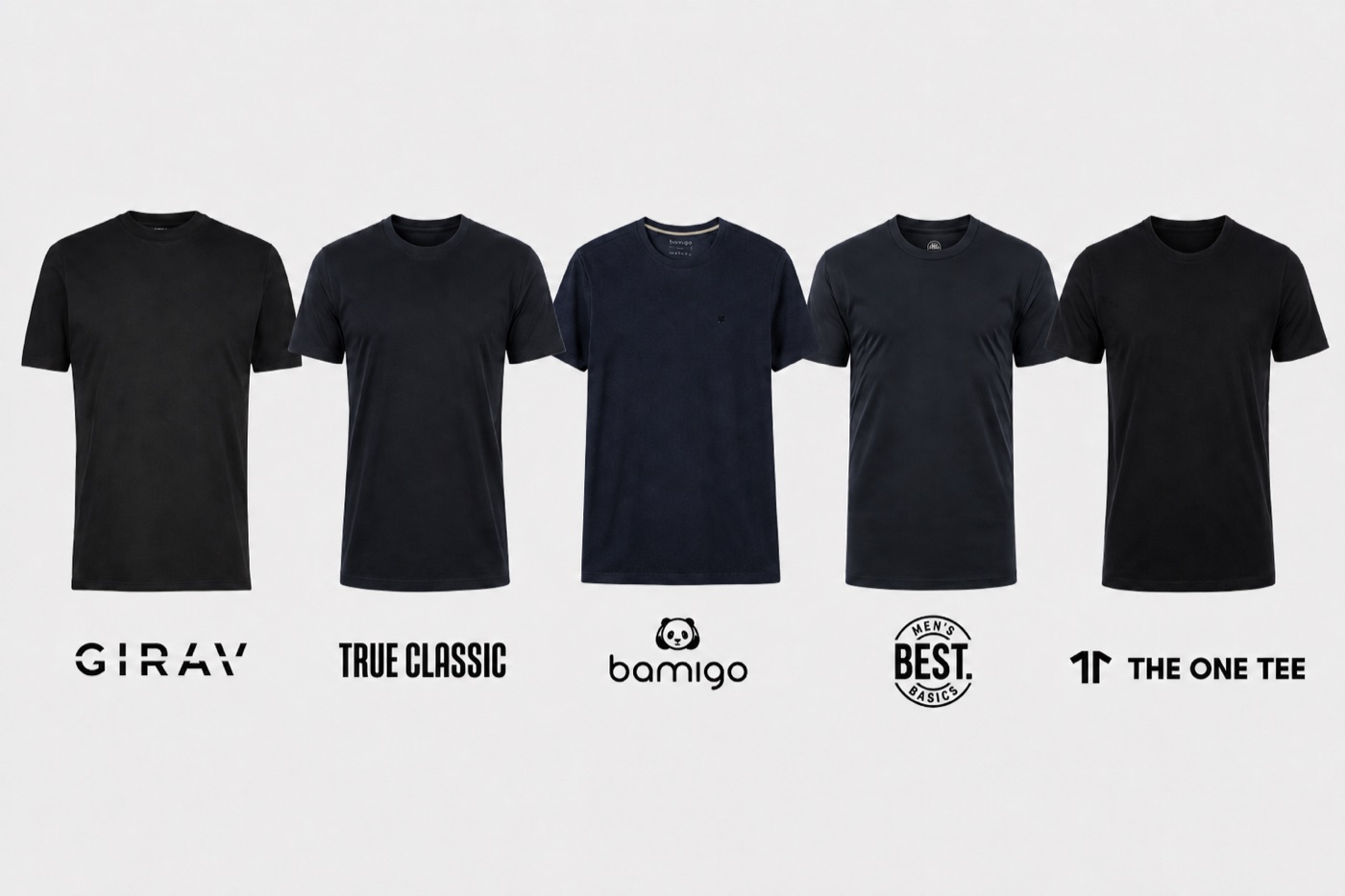 De vijf geteste basic t-shirts naast elkaar: Girav, True Classic, Bamigo, Mens Best Basics en The One Tee